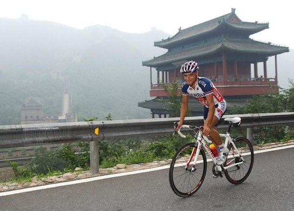 Serbia's Ivan Stevic tests the course.