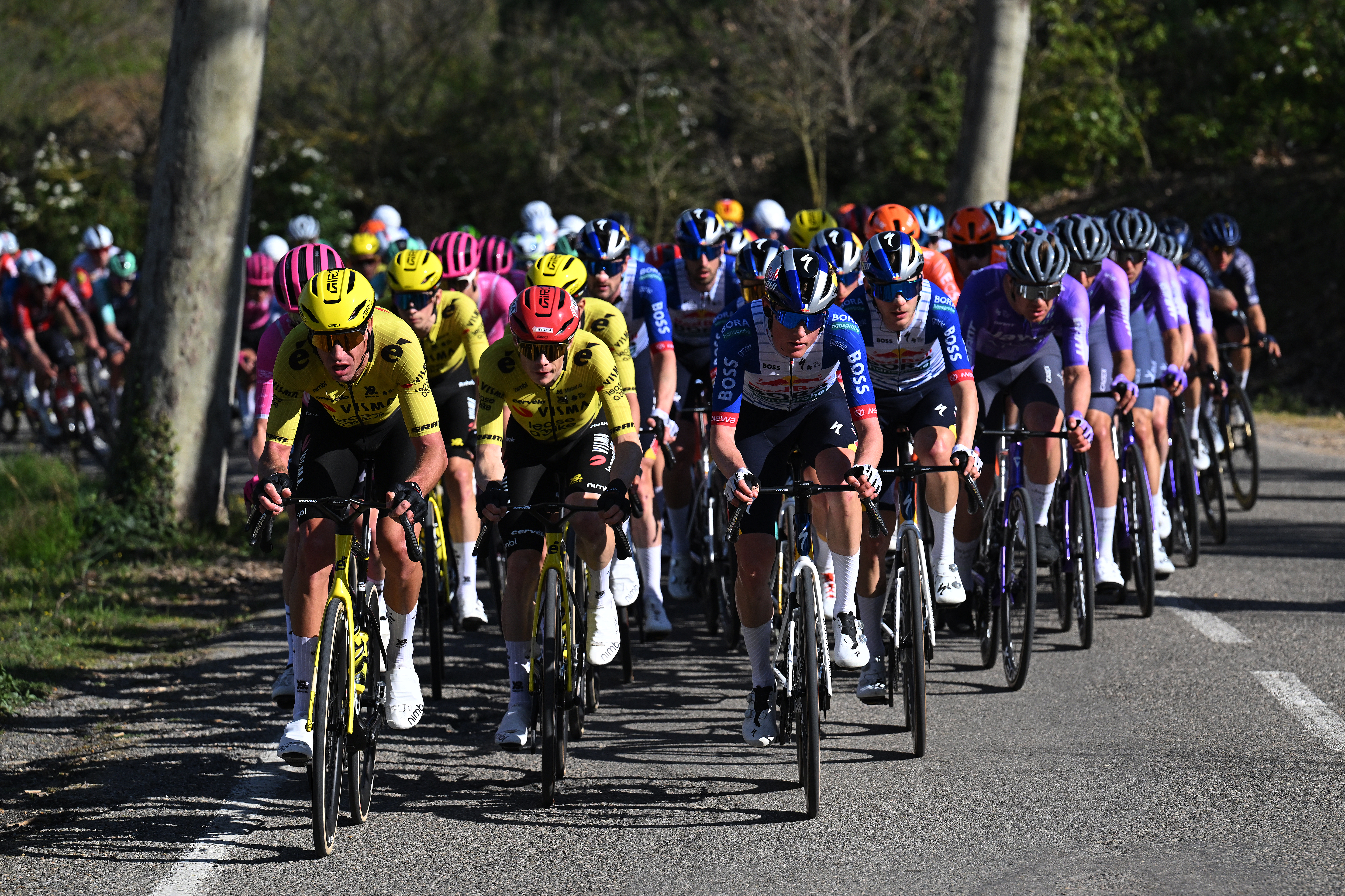 Visma-Lease a Bike and Red Bull-Bora-Hansgrohe leading the peloton on the Coll Roig for stage 3 of the Volta a Catalunya 2026