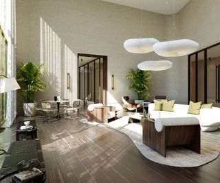 Open living space with a sofa area and dining area