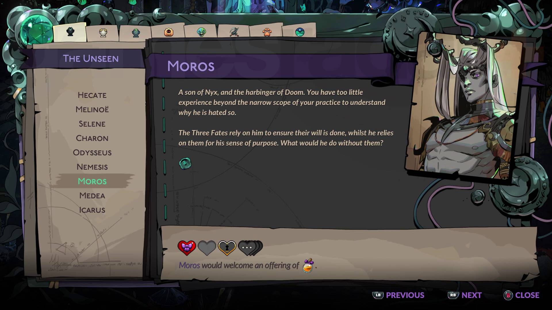 Hades 2 Moros would welcome a gift of Nectar book of shadows message
