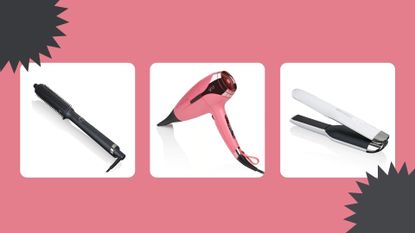 three of the products in the ghd sales—the ghd rise, ghd Helios and ghd Unplugged—on a pink background