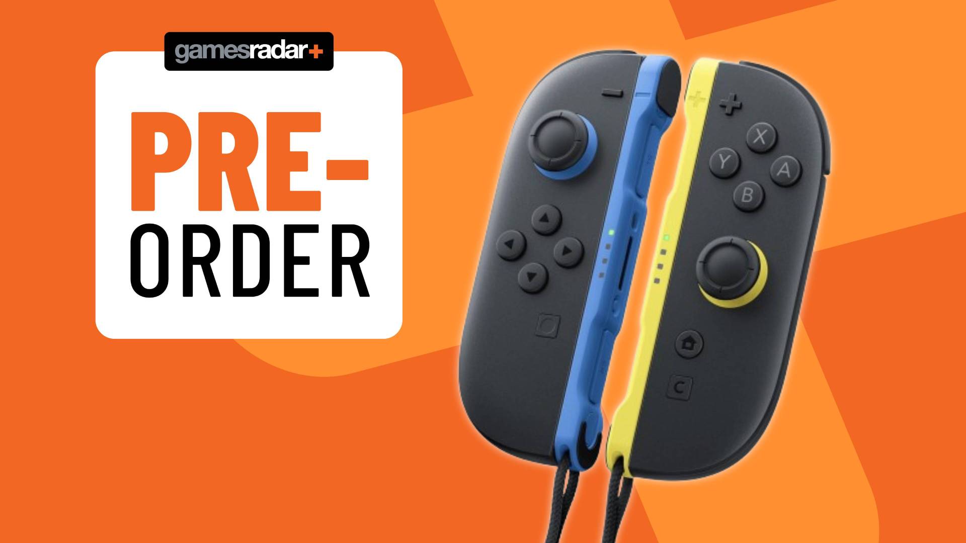 Image of the Blue and Yellow Switch 2 Joy-Con controllers on an orange GamesRadar+ background.