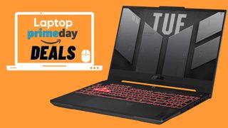 Asus TUF Gaming A15 laptop on an orange background with Laptop Mag Prime Day deals badge