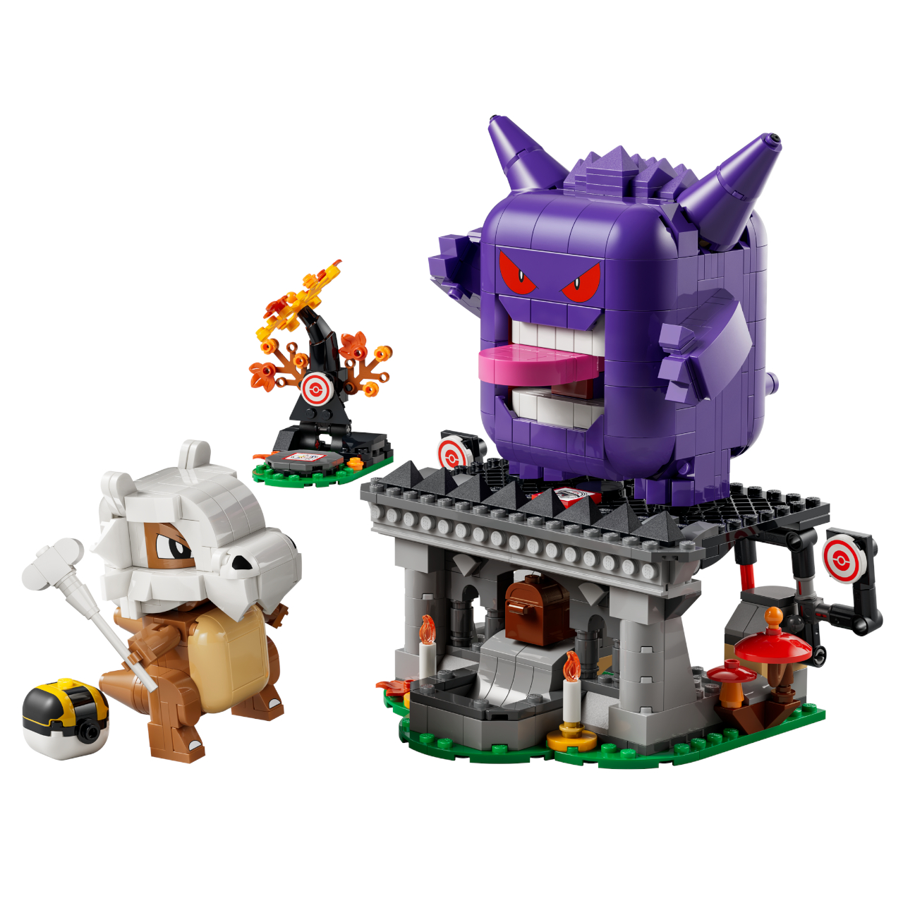 Lego Cubone and Gengar's Spooky Showdown set and figures on a plain background
