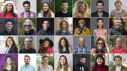 Headshot portraits of diverse smiling real people stock.