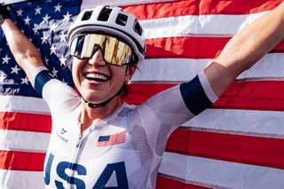 Paris, France - Women’s Road Race - Kristen Faulkner (USA) celebrates winning the Women's Road Race to become Olympic Champion