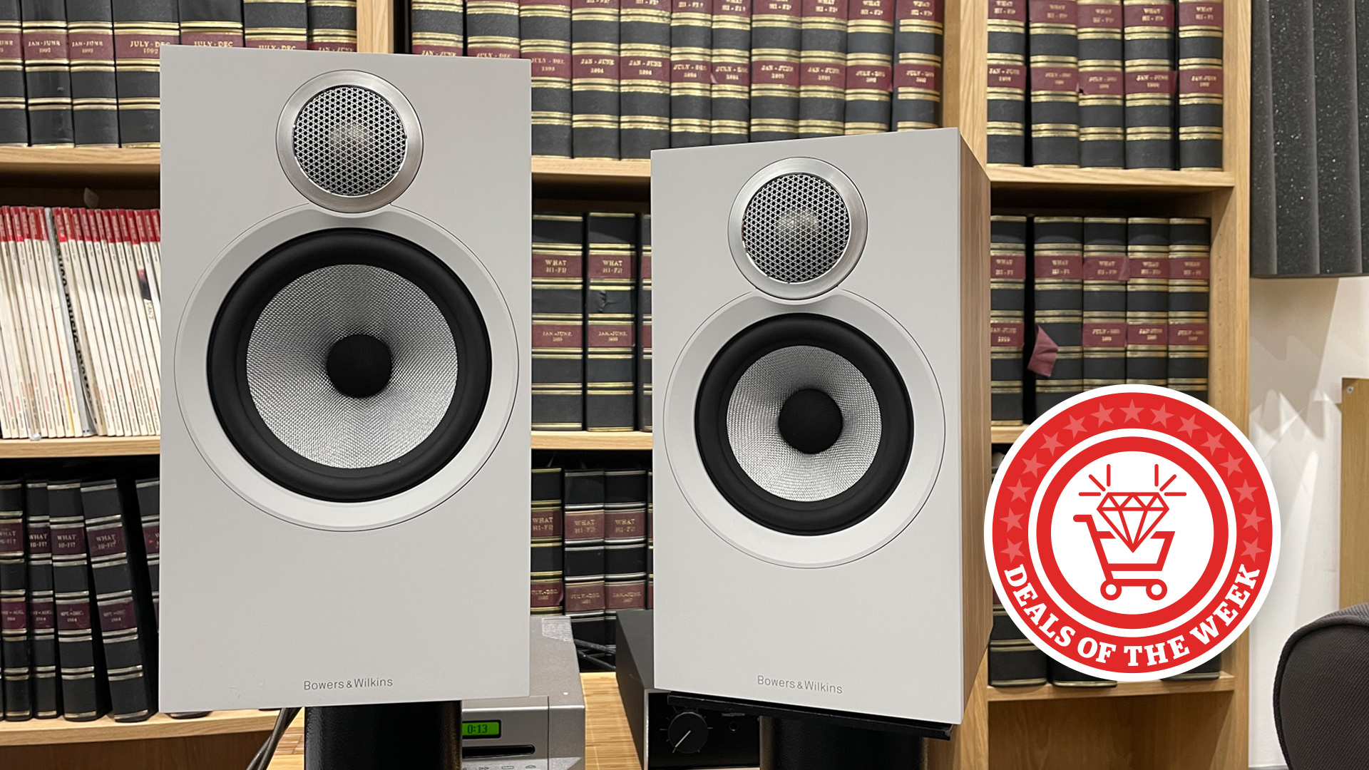 A picture of the Bowers &amp; Wilkins 606 S3 speakers with the Deals of the Week logo overlaid 