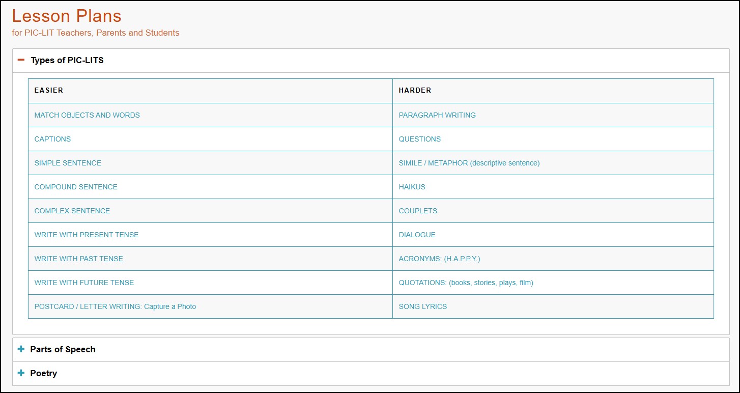 PIC-LITS lesson plan types