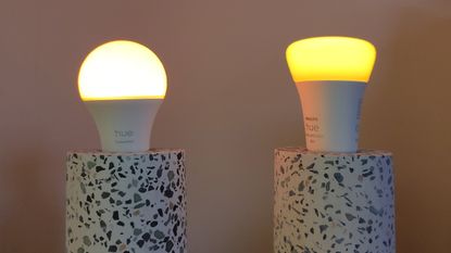 Philips Hue Essential bulb next to Philips Hue White and Color Ambiance bulb, both on dimmest setting
