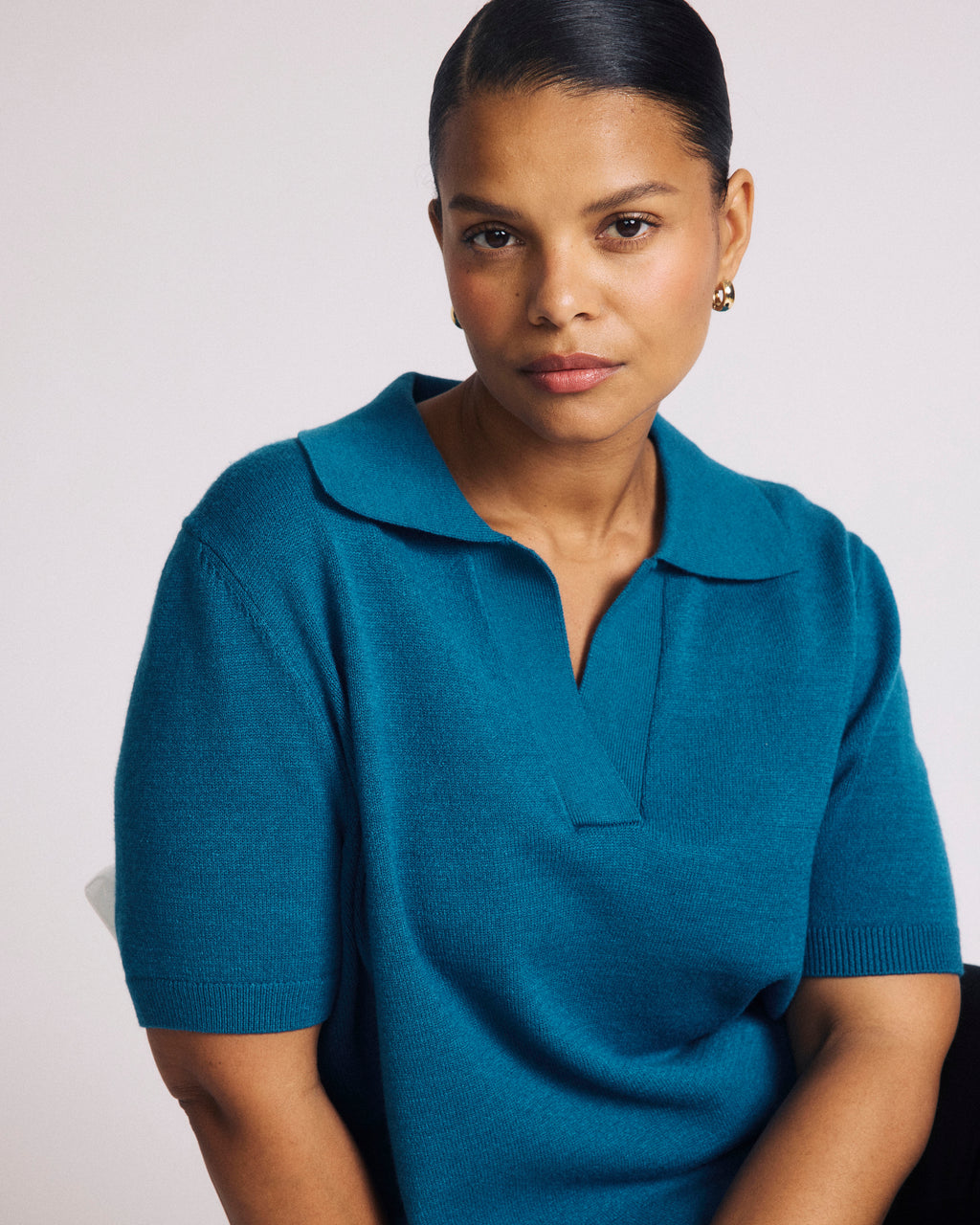 Savvy Fine Knit Short Sleeve Polo Sweater - Blue Beetle