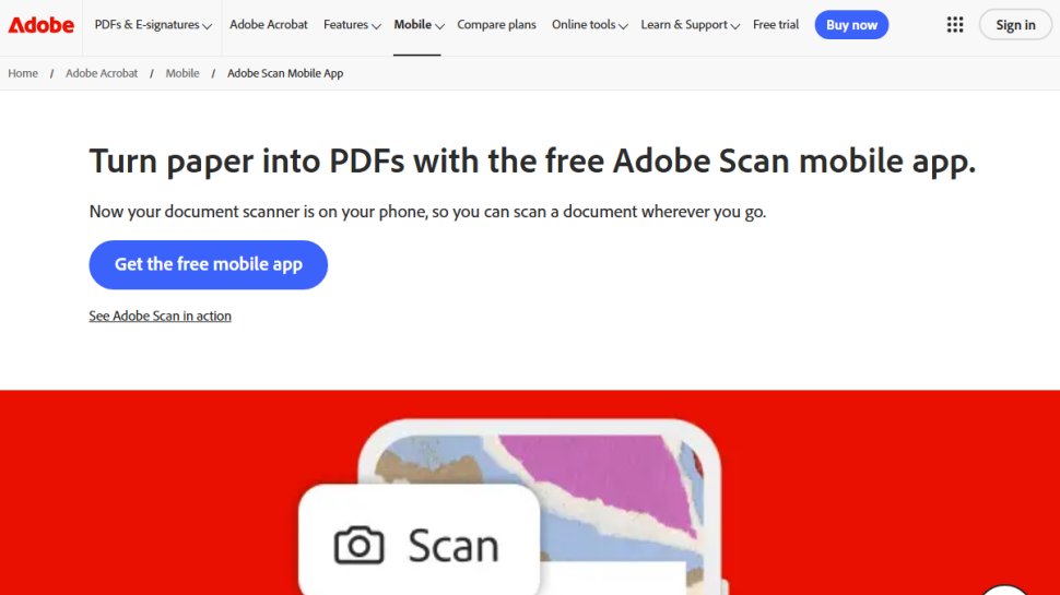 Website screenshot of Adobe Scan (February, 2026)
