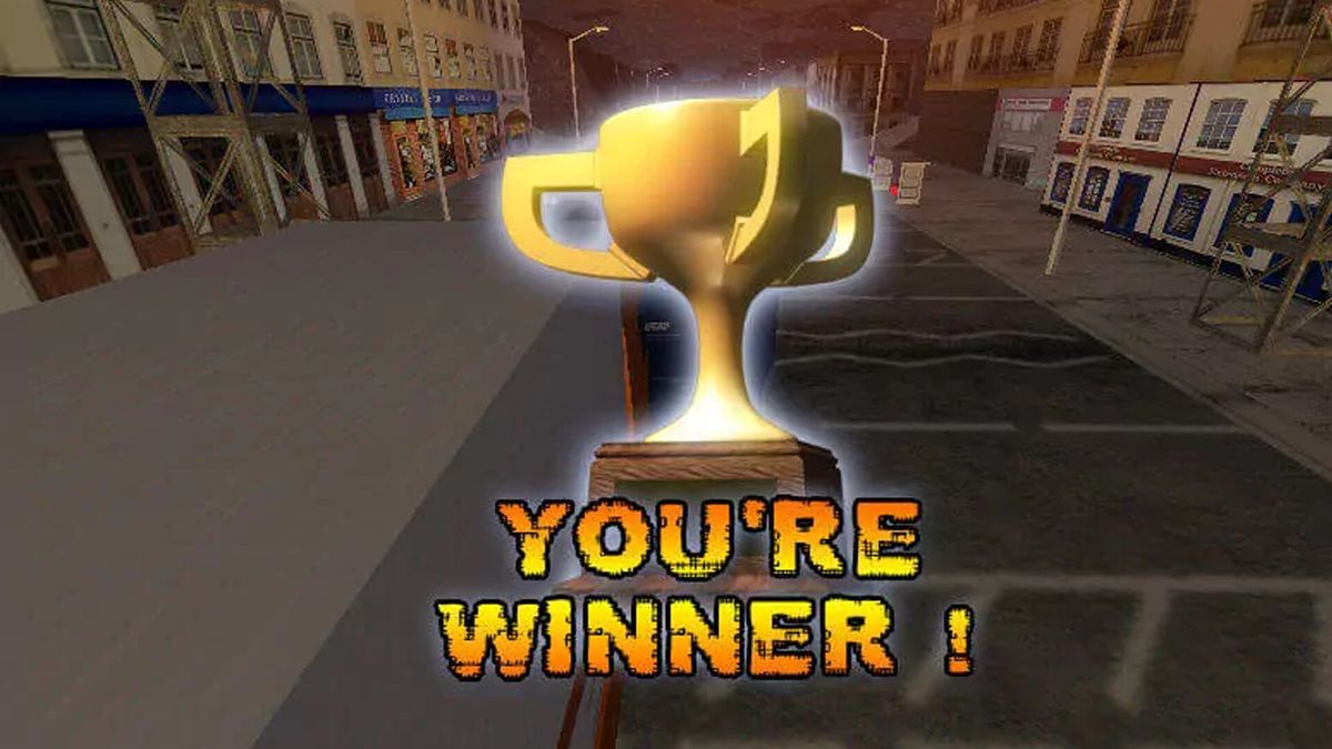 Victory screen of Big Rigs showing infamous &quot;You&#039;re Winner&quot; message under a three-handle gold trophy