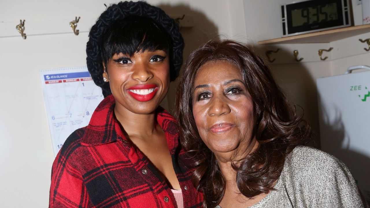 Jennifer Hudson and Aretha Franklin pose backstage at the hit musical &quot;The Color Purple&quot; on Broadway at The Jacobs Theater on December 15, 2015 in New York City.