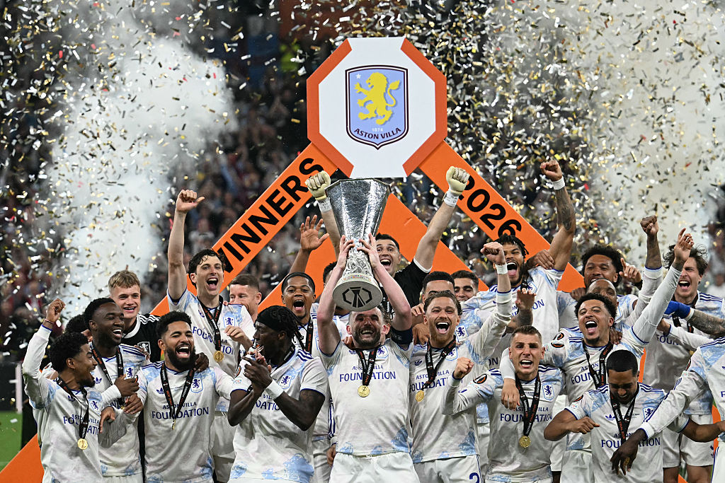 Aston Villa celebrate with the trophy after winning the UEFA Europa League
