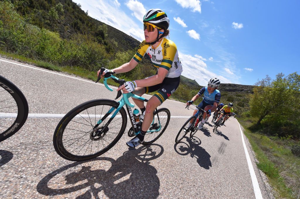 LAGUNAS DE NEILA SPAIN MAY 23 Sarah Roy of Australia and Team BikeExchange during the 6th Vuelta A Burgos Feminas 2021 Stage 4 a 1216km stage from Quintanar de la Sierra to Lagunas De Neila 1870m VueltaBurgos BurgosFem UCIWWT on May 23 2021 in Lagunas De Neila Spain Photo by Luc ClaessenGetty Images