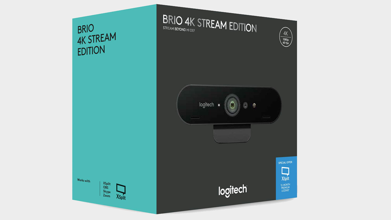 Logitech Brio webcam pictured with stand.