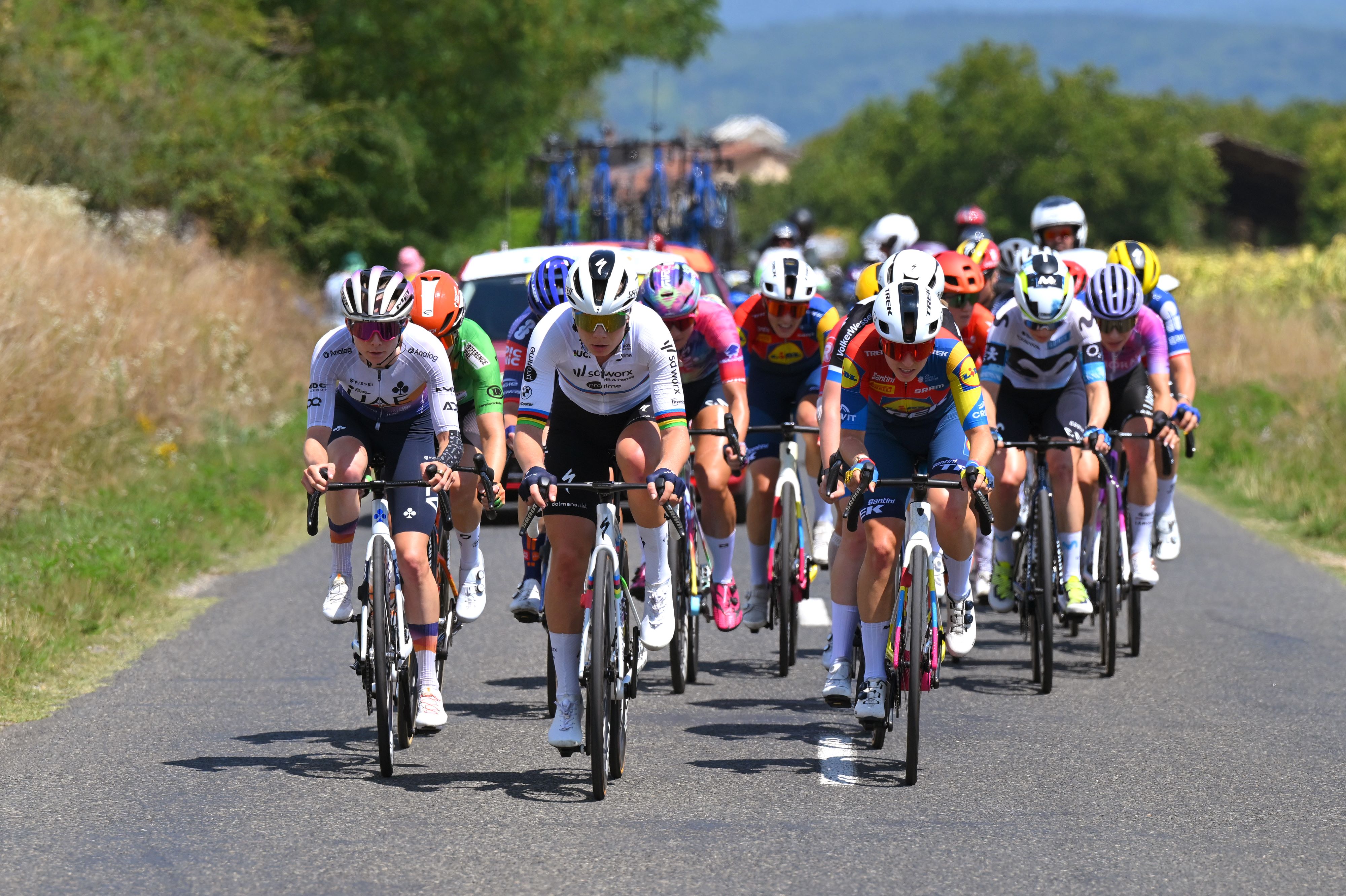 The breakaway led by world champion, Lotte Kopecky on stage 7 of the Tour de France Femmes 2025.