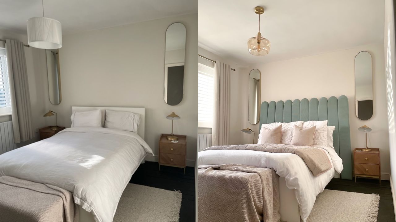 A before and after of Jessica Grizzle&#039;s DIY upholstered scalloped headboard in bedroom