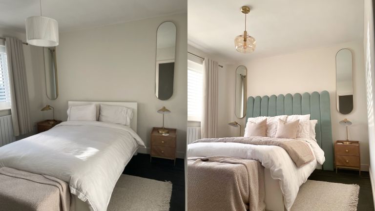 A before and after of Jessica Grizzle's DIY upholstered scalloped headboard in bedroom
