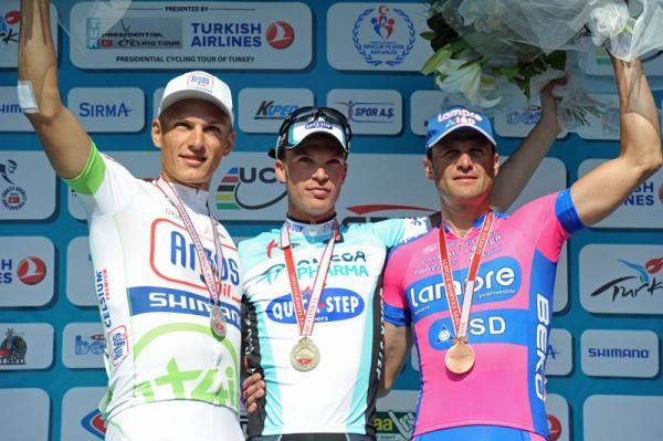The stage 7 podium, Kittel-Keisse-Petacchi from left to right