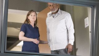 Ellen Pompeo and James Pickens Jr. as Meredith and Richard standing in the observation gallery on Grey's Anatomy