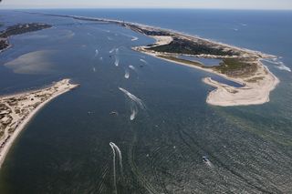 This aerial view shows the Fire Island inlet, the entrance to Great South Bay, on the South Shore of Long Island.