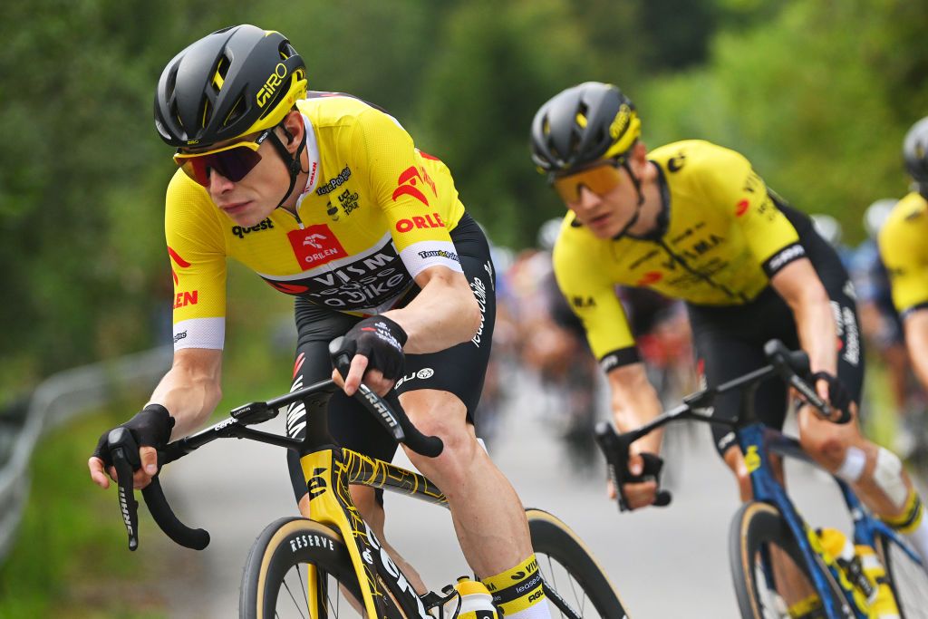 KRAKOW POLAND AUGUST 18 Jonas Vingegaard Hansen of Denmark and Team Team Visma Lease a Bike Yellow Leader Jersey competes during the 81st Tour de Pologne Stage 7 a 1421km stage from Wieliczka to Krakow UCIWT on August 18 2024 in Krakow Poland Photo by Luc ClaessenGetty Images