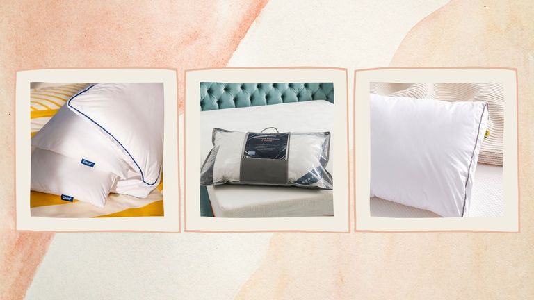 A composite image of three of the best pillows to buy in 2022 as chosen by Woman and Home on a watercolour peach background