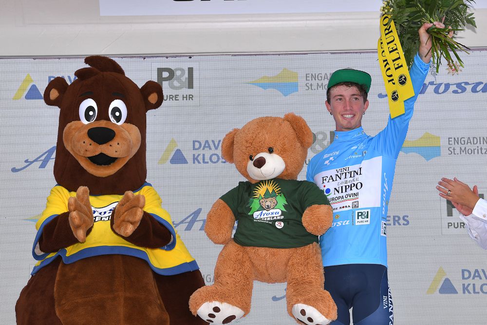 Filippo Zaccanti (Nippo-Vini Fantini-Europa Ovini) in the blue mountain jersey after stage 3 at Tour de Suisse