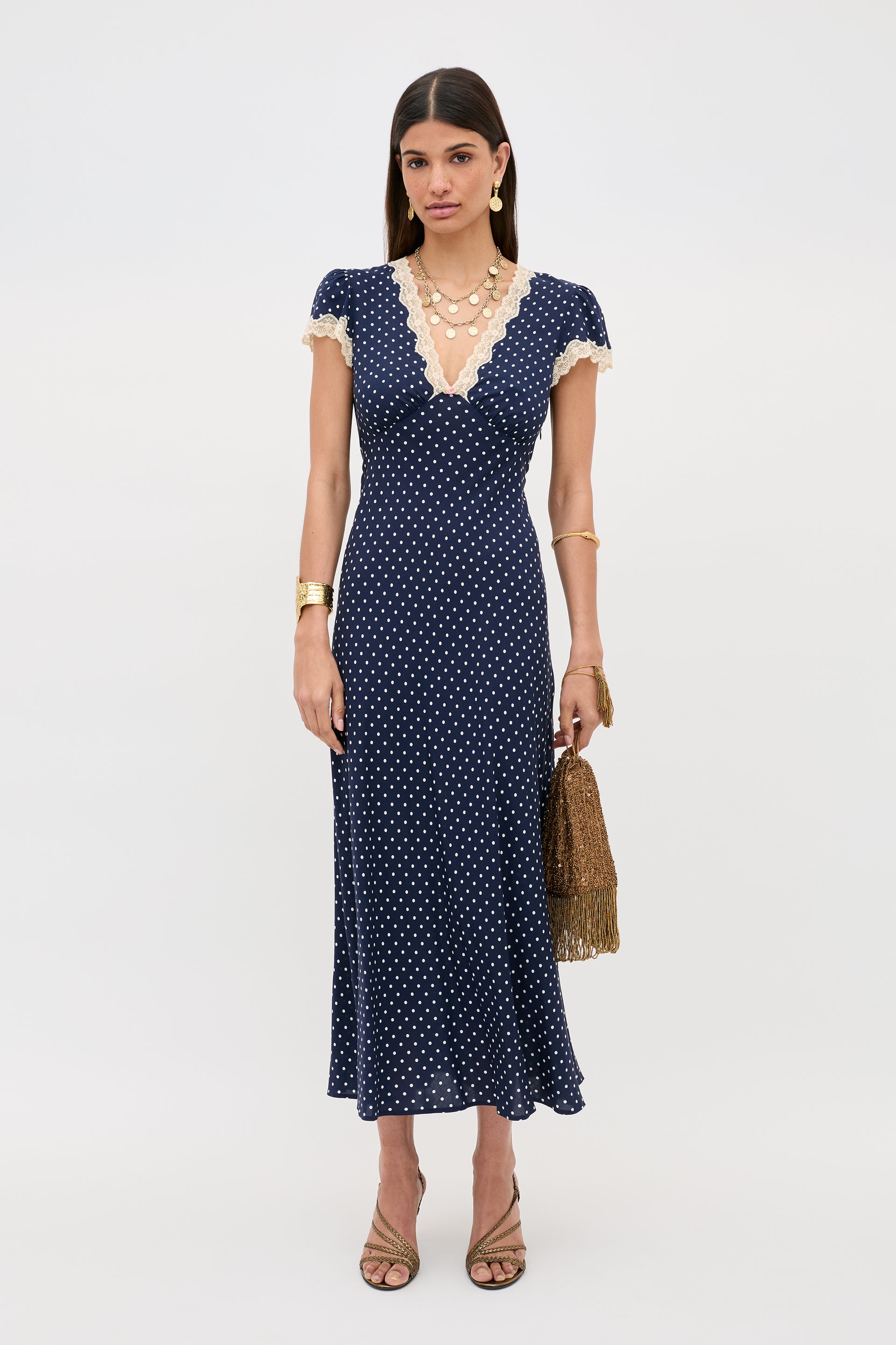 Clarice Midi Dress in Polka Dot Navy