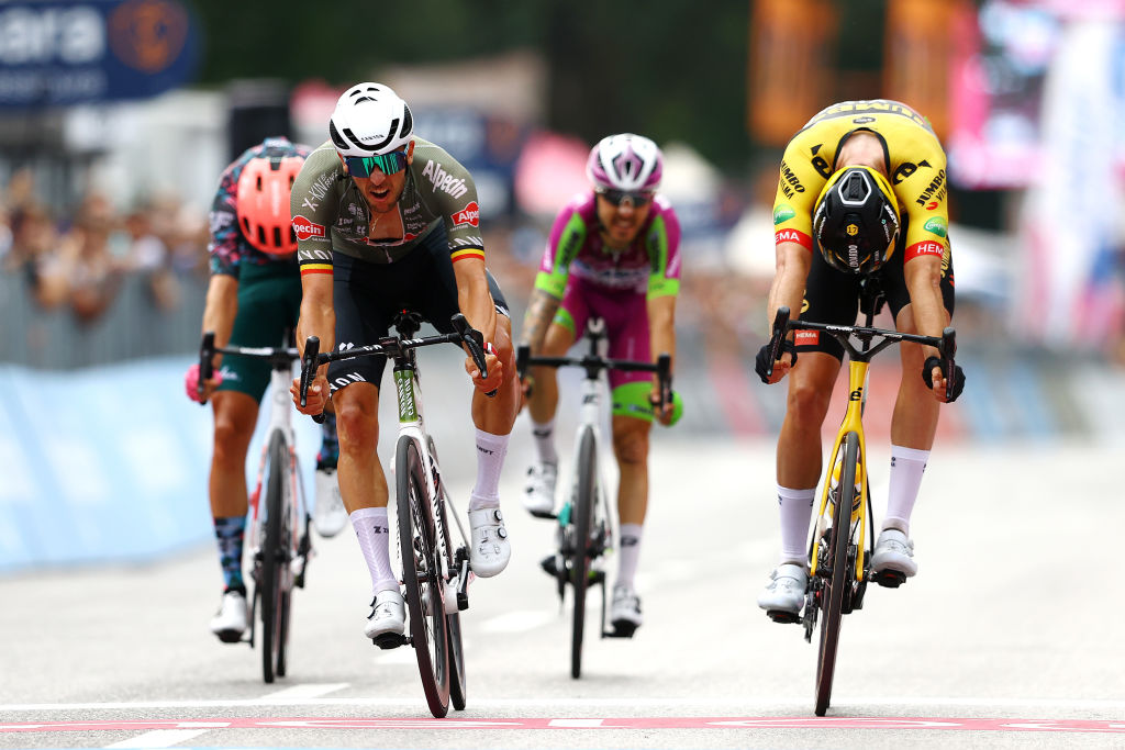 TREVISO ITALY MAY 26 LR Magnus Cort Nielsen of Denmark and Team EF Education Easypost Dries De Bondt of Belgium and Team Alpecin Fenix Davide Gabburo of Italy and Team Bardiani CSF Faizane and Edoardo Affini of Italy and Team Jumbo Visma sprint to win during the 105th Giro dItalia 2022 Stage 18 a 156km stage from Borgo Valsugana to Treviso Giro WorldTour on May 26 2022 in Treviso Italy Photo by Michael SteeleGetty Images
