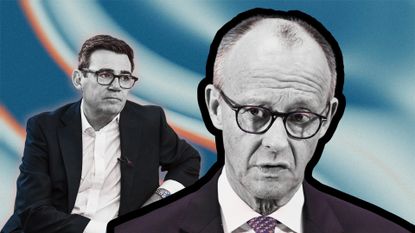 Illustration: German Chancellor Friedrich Merz and UK Prime Minister Andy Burnham on a smooth navy and white flow with orange accents