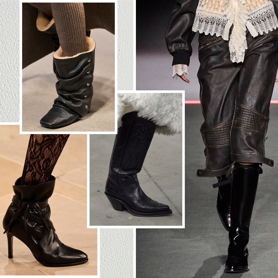 fall 2025 boot trends collage from Louis Vuitton, Isabel Marant, Gabriela Hearst, and Dior