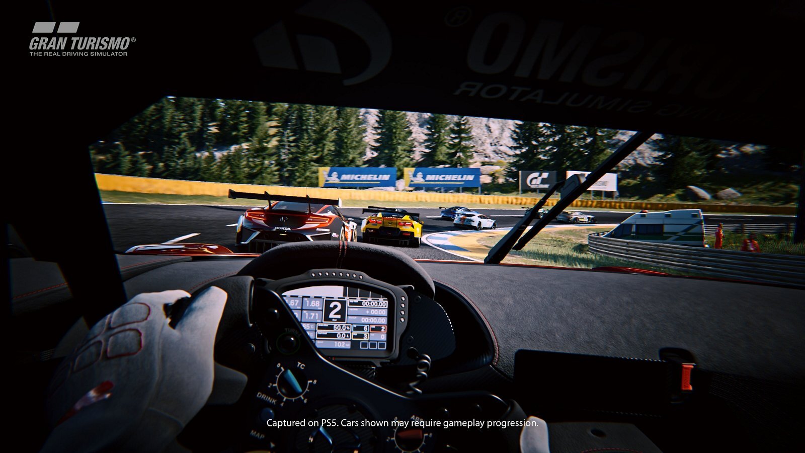 Gran Turismo 7 first-person view from behind the wheel of a car