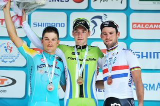 Andrea Guardini, Elia Viviani and Mark Cavendish on the podium after Stage 7 of the 2014 Tour of Turkey