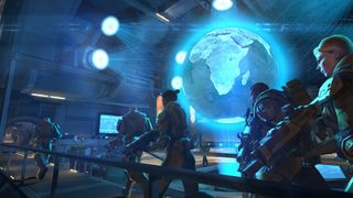 A squad of soldiers walking through the control room in XCOM: Enemy Unknown.