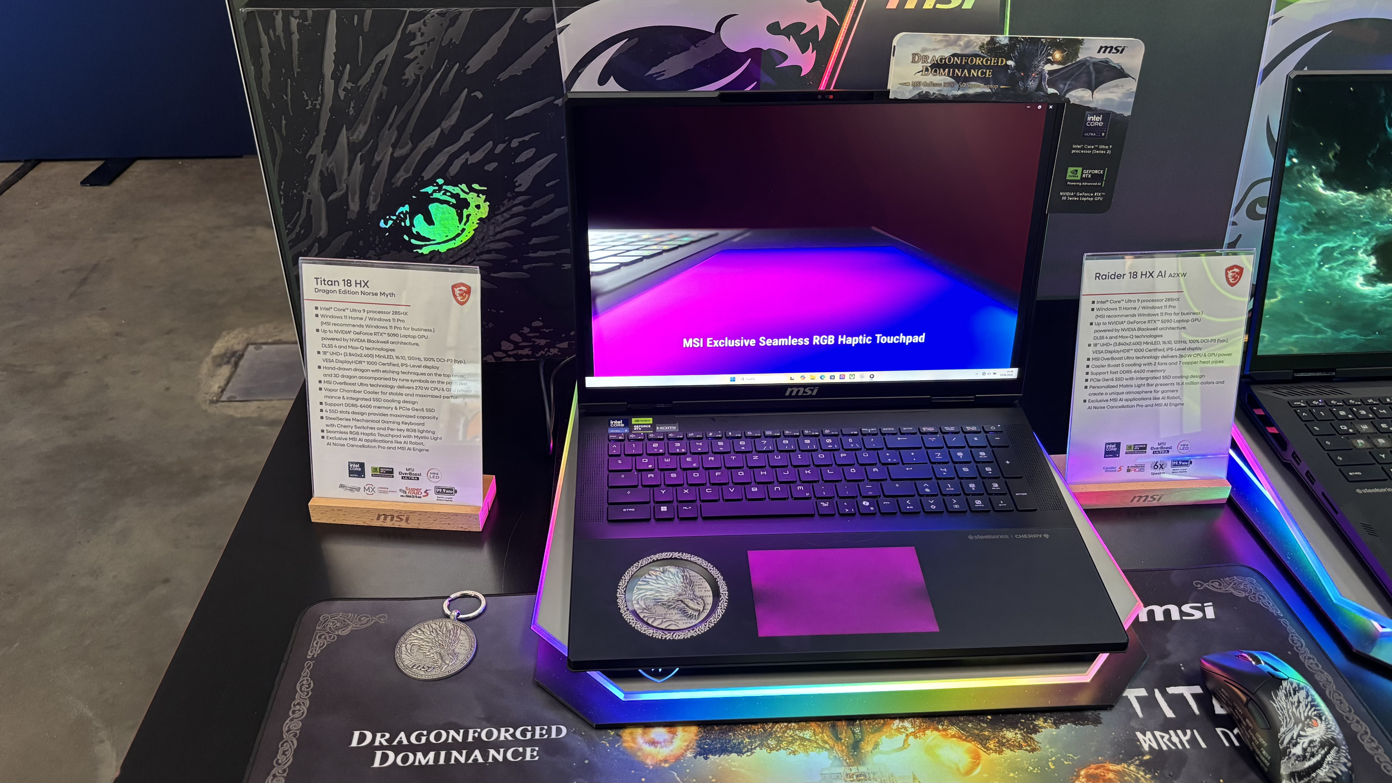 The MSI Titan 18 HX Dragon Edition gaming laptop on display at Gamescom 2025.