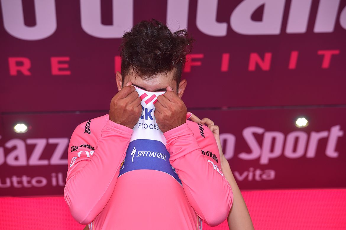 Fernando Gaviria overcome with emotion after stage 3 of the Giro d'Italia