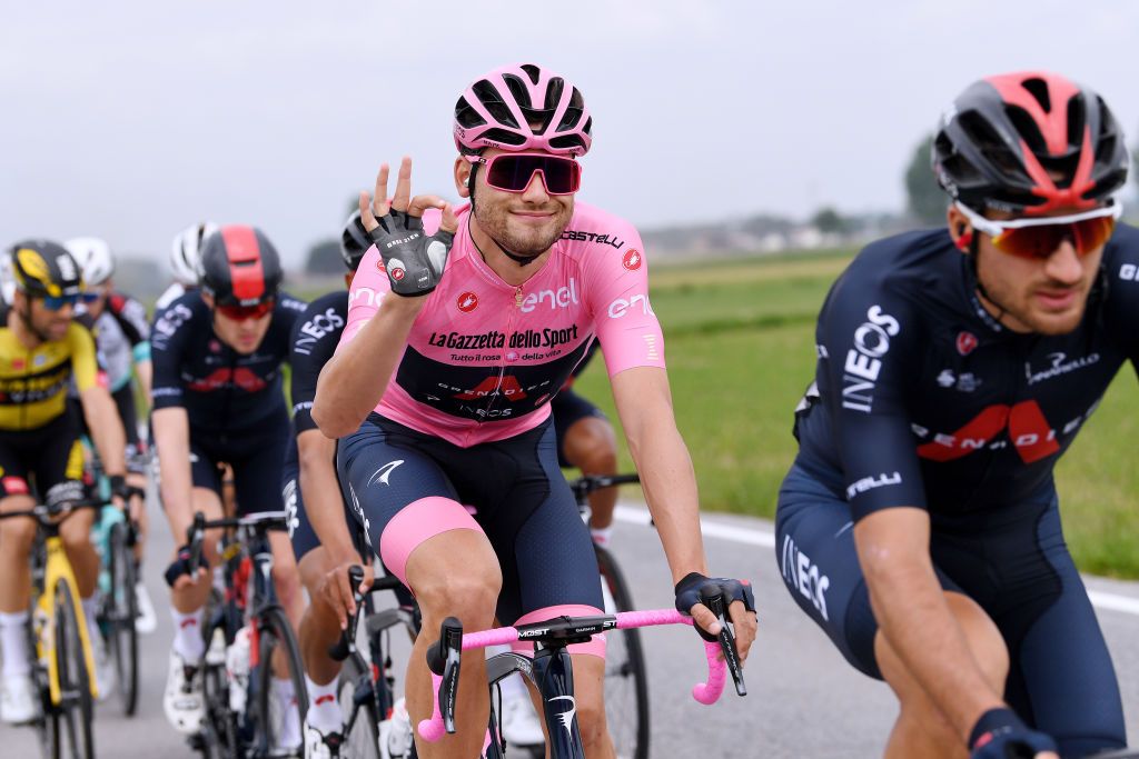 NOVARA ITALY MAY 09 Filippo Ganna of Italy and Team INEOS Grenadiers Pink Leader Jersey during the 104th Giro dItalia 2021 Stage 2 a 179km stage from Stupinigi Nichelino to Novara girodiitalia Giro UCIworldtour on May 09 2021 in Novara Italy Photo by Tim de WaeleGetty Images