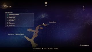Tales of Arise owl locations - a map of Lacrda Cliffs showing an owl marker beside a fast travel point by the Ulvhan Grotto exit.