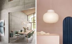 Muuto Strand lighting in a neutral studio with green chairs