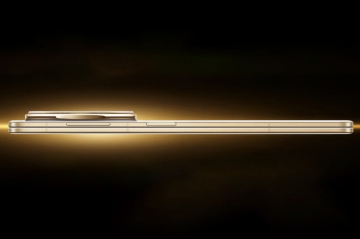 Side profile of an Honor Magic V5 with a prominent rear camera bump, set against a dark background with a glowing golden halo effect.