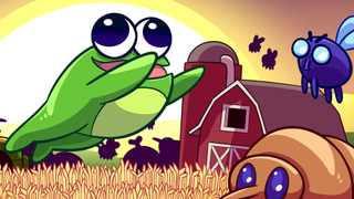 A frog jumping gleefully through the air in cartoon style. It is leaping toward a giant beetle and giant fly. There is a field of grain and a barn in the background. From the videogame Pesticide Not Required.