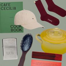 collage of chic under $50 holiday gift ideas affordable presents like a Cafe Cecilia cooking book, incense, Comme Si socks, Acca Kappa hair brush, mini Le Creuset baking dish, Zazzle engraved lighter, and Tommy Hilfiger baseball cap