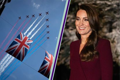 Kate Middleton split layout with plane in sky for Trooping the Colour