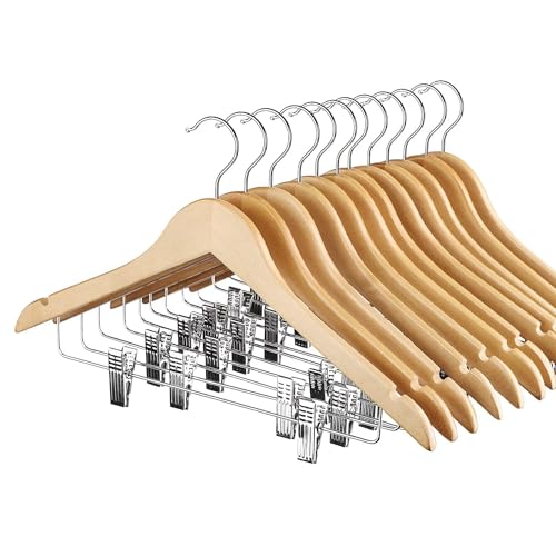 House Day 12 Pack High-Grade Wooden Suit Hangers Skirt Hangers With Clips Solid Wood Pants Hanger Natural Smooth Finish Premium Wood Hanger With Durable Metal Clips for Blouse, Dress, Coat, Jacket