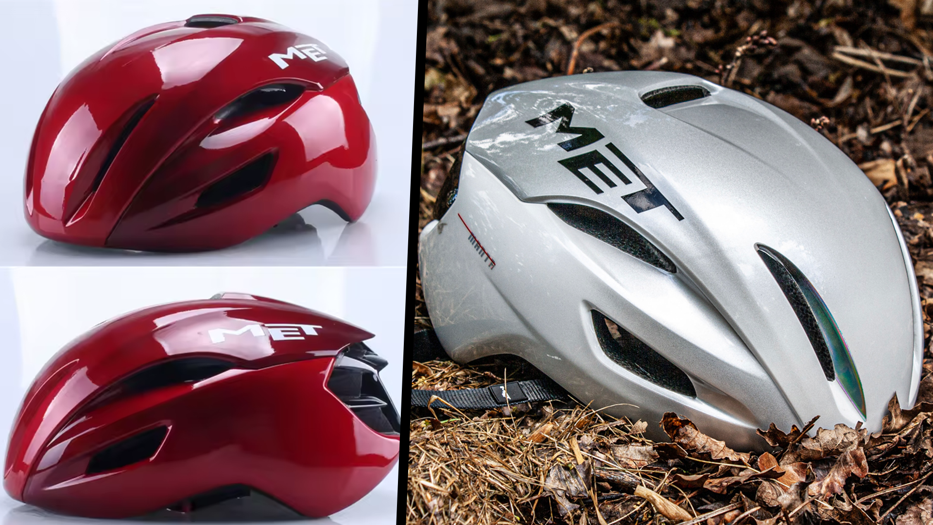 A fake MET Manta helmet in red, compared with a genuine MET Manta helmet on the right