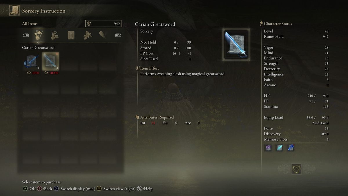 carian greatsword menu