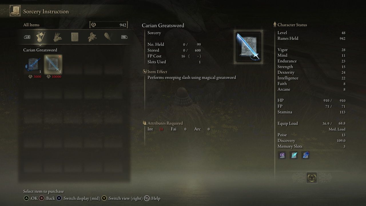 carian greatsword menu
