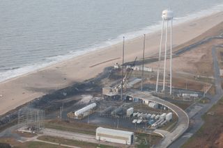 This image shows the aftermath of the Antares rocket explosion, which took place on Oct. 28, 2014. The photo was taken from the air on Oct. 29.